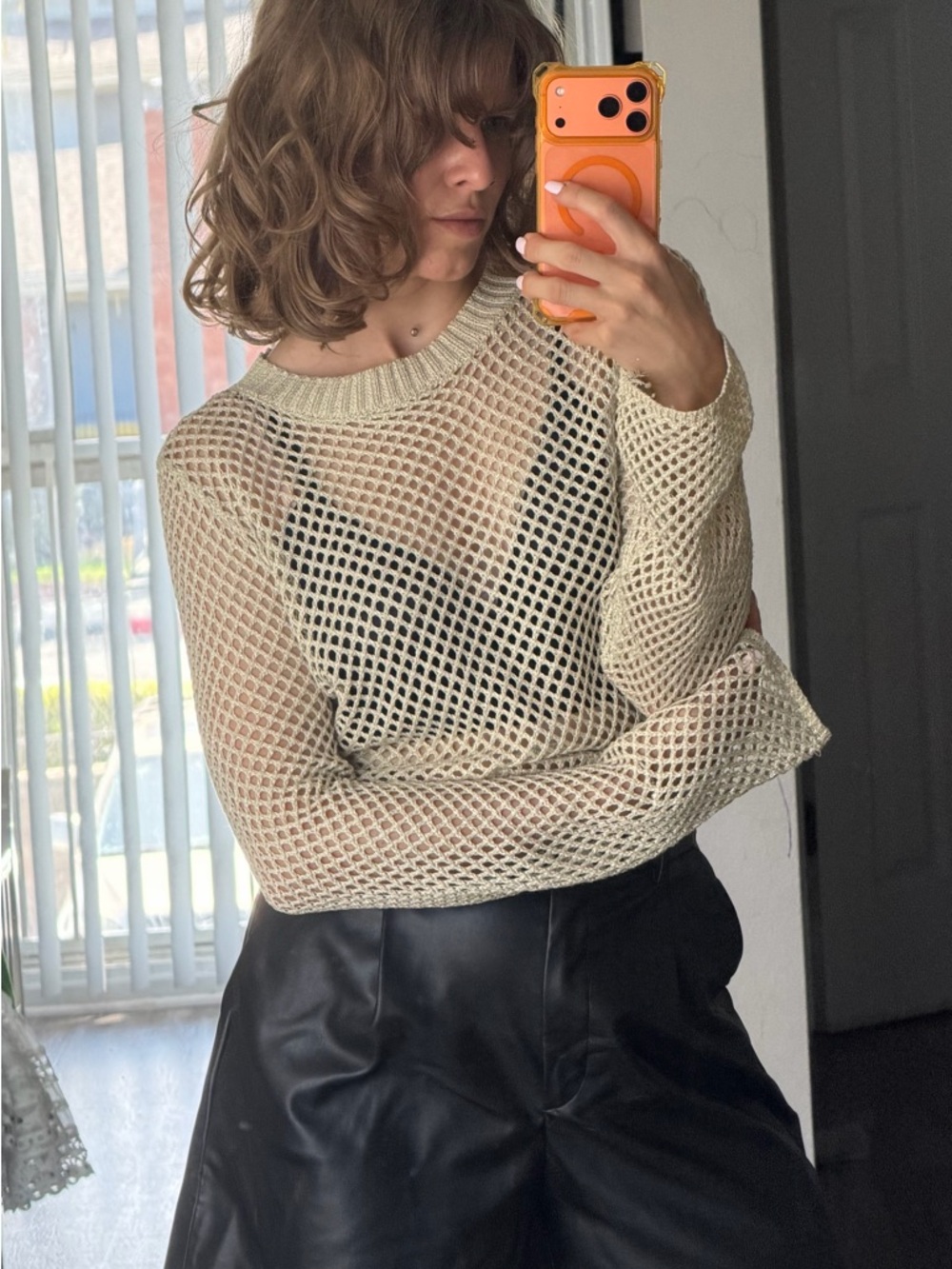 Forever 21 Cream Open-Knit Mesh Sweater